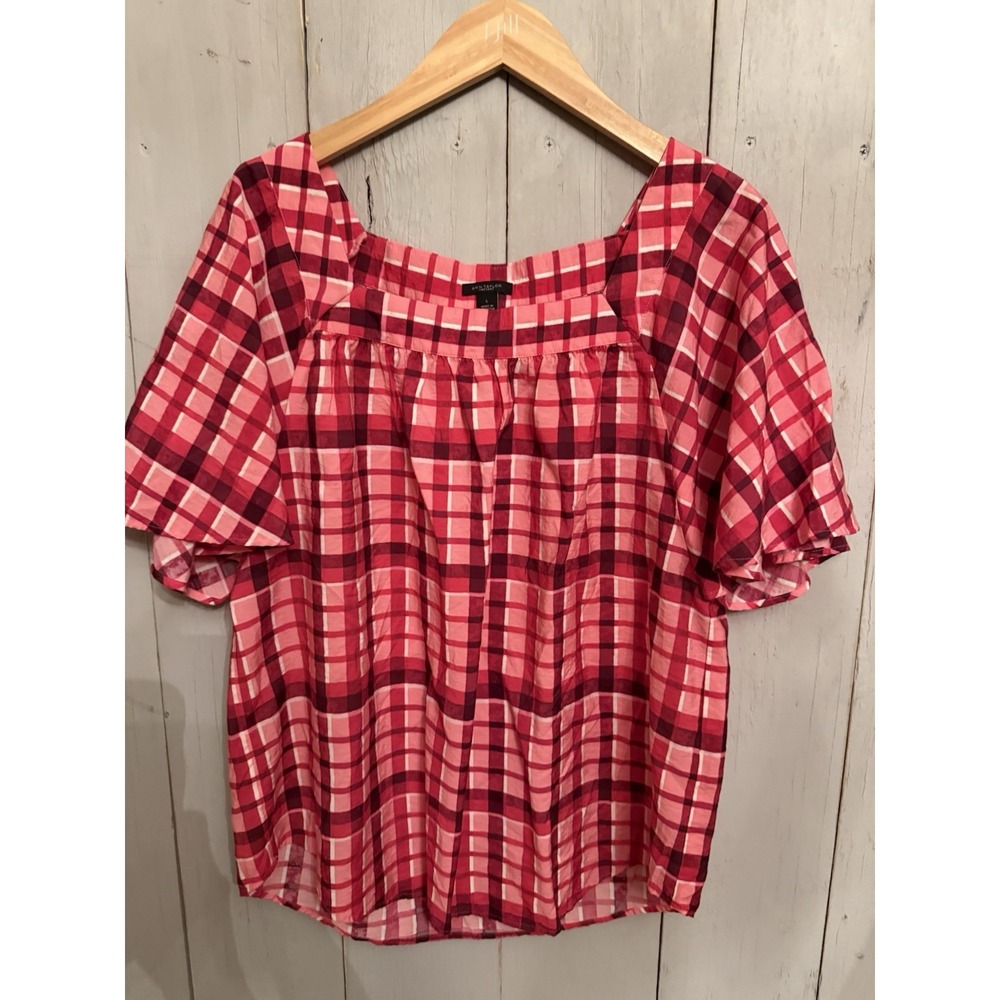 Ann Taylor Pink‎ Plaid Square Neck Short Flutter Puff Sleeve Blouse Top Sz-Lg
